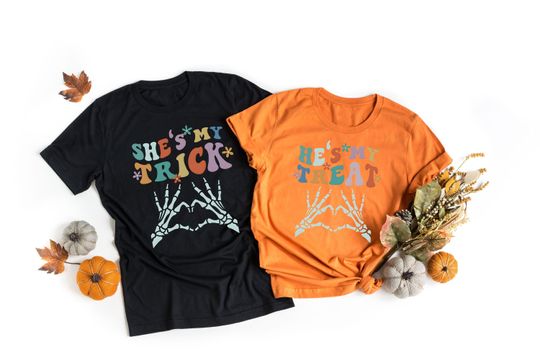 Discover She's My Trick Shirt, He's My Treat Shirt, Halloween Couples T-Shirt, Funny Matching Couples Tee, Skeleton Hand Tee, Halloween Party Shirt