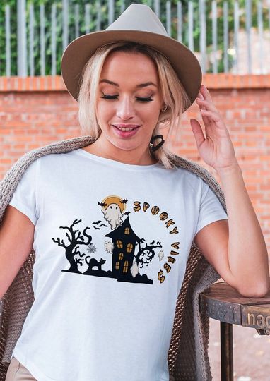 Discover Scary Night Haunted House Tshirt Spooky Ghost Vibes T-shirt Trick or Treat Wear Halloween Vibe T shirt October Holiday Apparel for Fun