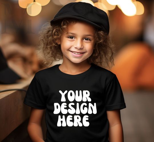 Discover Gildan 5000B Black Shirt Fall T-shirt Mock Up Kids Digital Mocks Child Modeled Tee POD printerval.com  Template Autumn Mockup Halloween Aesthetic Kid