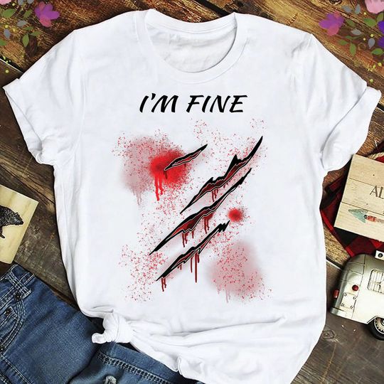 Discover I'm Fine - Funny Blood Splatter Joke Gag - zombie - Unisex Cotton T-Shirt - I'm Fine Bloody Halloween Zombie Humor Blood Cuts & wounds Shirt
