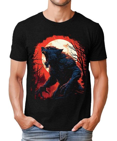 Discover Full Moon Werewolf Mens Graphic Tee Premium Short Sleeve Halloween Shirt