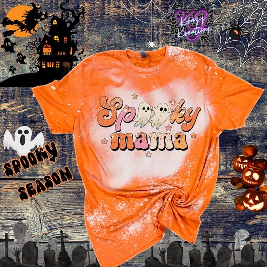 Discover Spooky Mama Bleached T-shirt/Halloween Tee| Spooky Season Cute Ghosts Bleached Tee |  Now Halloween Women Shirt, Mama Halloween Gift