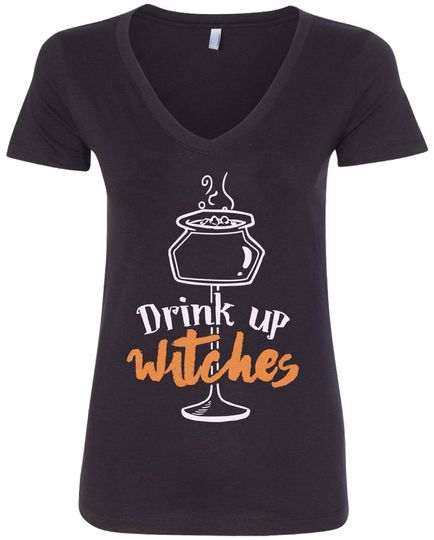 Discover Drink Up Witches Women's V-Neck Fitted T-Shirt Halloween Party