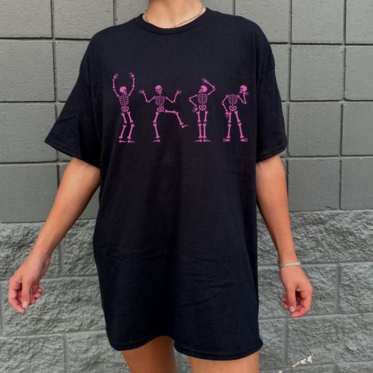 Discover Pink Dancing Skeletons Halloween Graphic Unisex Heavy Cotton Tee