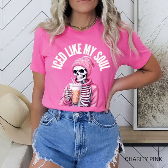 Discover Pink Aesthetic Iced Coffee Lover Witchy Gifts, Preppy Back To School Outfits for Matching Best Friend Spooky Vibes Skeleton Shirt Women Goth