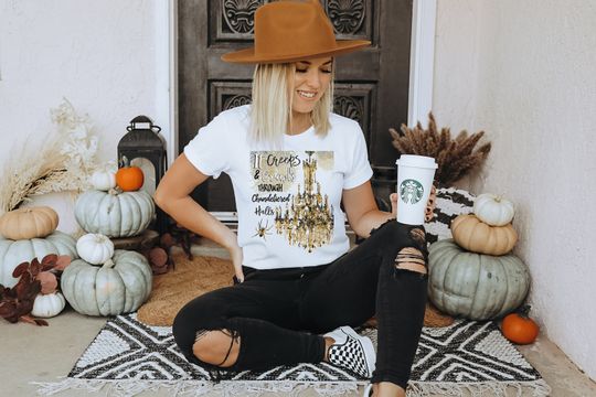 Discover Chandeliered Halls T-shirt - Halloween Graphic Tee - Glam Goth Spider - Fall Autumn Art - Quote - Saying - Gold - Chandelier - October