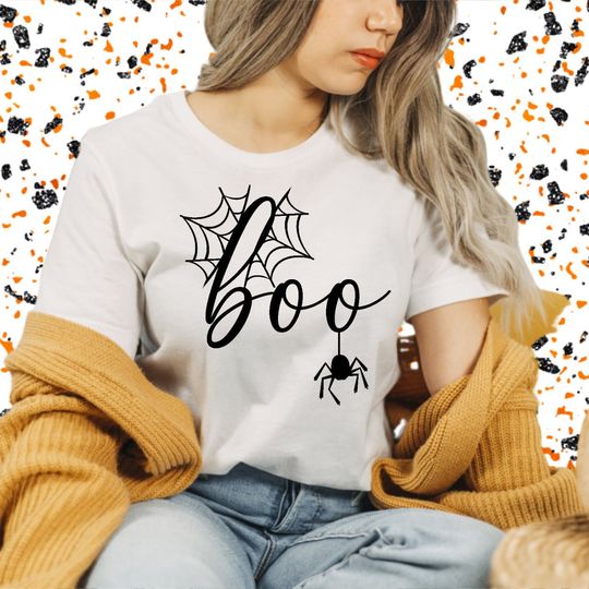 Discover Boo Halloween shirt with spiders and webs, spooky shirts, adult halloween shirt