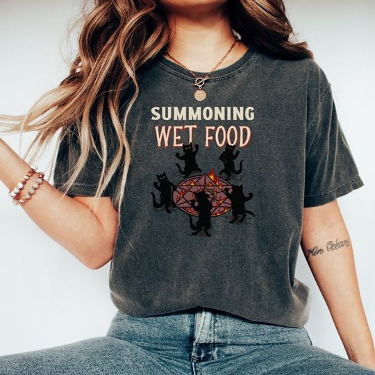 Discover Spooky Cat Shirt, Summoning Wet Food, Acid Wash, Witch, Magic, Halloween, Funny Halloween shirt, Black Cat, Mystical, Spiritual tshirt