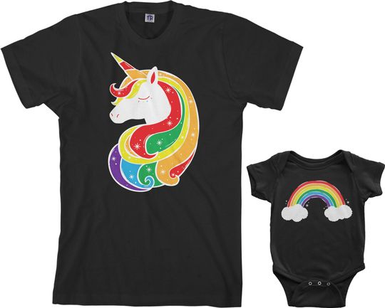 Discover Unicorn & Rainbow Men's T-shirt and Infant Bodysuit Dad and Baby Matching Set