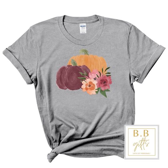 Discover Fall Pumpkin Tee, Pretty Fall Watercolor Pumpkin with Burgundy Flowers Design - Premium Cotton Plus Size Shirt Available In X Large and X2