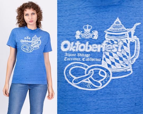 Discover 80s Oktoberfest Burnout Tee Men's Small, Women's Medium | Vintage Blue California Beer Graphic T Shirt