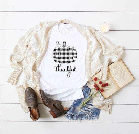 Discover Thankful pumpkin buffalo check t-shirt, Thanksgiving shirt, Halloween, Ladies tee, Graphic t-shirt, Unisex shirt, Plaid tee, Fall shirt