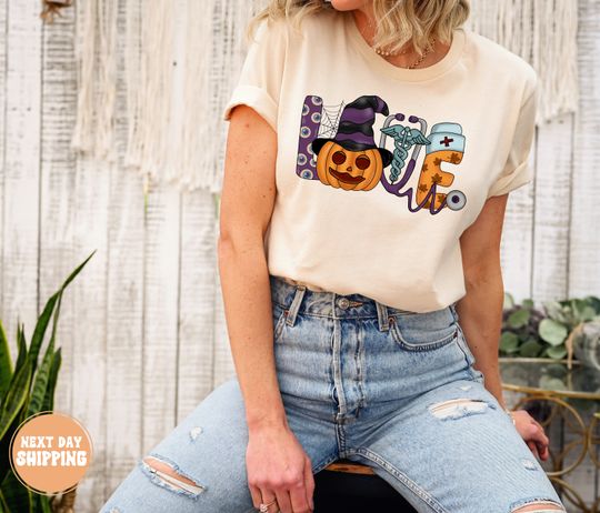 Discover Nurse Pumpkin Love Shirt, Funny Halloween Tee for Nurses