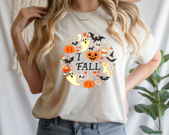 Discover Cute Doodle Halloween Shirt, Autumn Bat and Pumpkin Tee