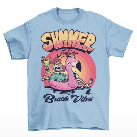 Discover Summer Feeling Beach Vibes T-Shirt - Skeleton Summer Tee, Pink Flamingo, Sun Lover, Sunset Cocktails Shirt, Men, Women, Unisex
