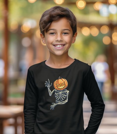 Discover Ultra Cotton Long Sleeve Tee- Halloween Pumpkin Head Skeleton
