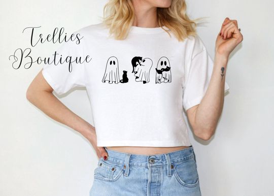 Discover Cat and Ghost Crop Top Shirt, Halloween Shirt,  Ghost Shirt, Cat Shirt, Fall Shirt