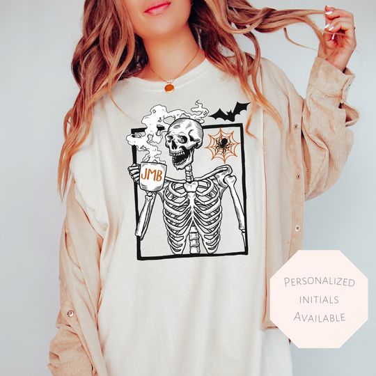 Discover Customizable Halloween Coffee Skeleton T-Shirt - Personalized Coffee Lover Gift