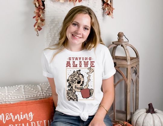 Discover Skeleton Drinking Coffee Halloween T-Shirt - Stay Alive Halloween Skull Design