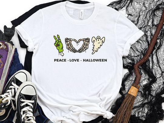 Discover Peace Love Halloween Shirt, Ghost Shirt, Skeleton Heart Hand TShirt, Halloween Tee, Gift For Halloween, Spooky Season Shirt, Peace Hand Tee