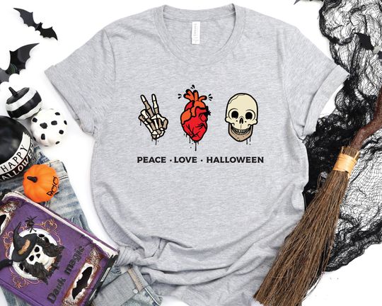Discover Peace Love Halloween Shirt, Gift For Halloween, Halloween Shirt, Skull Shirt, Skeleton Hand Shirt, Heart Shirt, Spooky Season Shirt