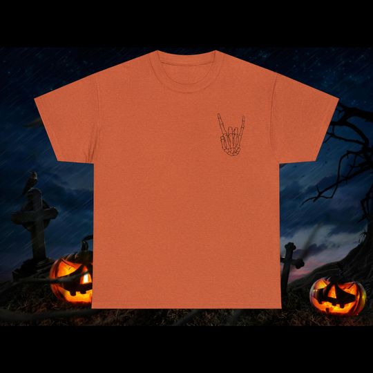 Discover Halloween T-shirt Skeleton Hand Cool Halloween scary Tee Women's ladies mens Unisex Heavy Cotton Tee