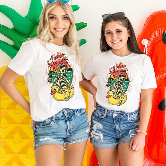 Discover Hello Summer, Matching Skeleton Shirt, Beach Skeleton, Sunset Shirt, Hello Summer T Shirt, Summer Vibes T-Shirt, Skeleton T-Shirt, Beach Tee