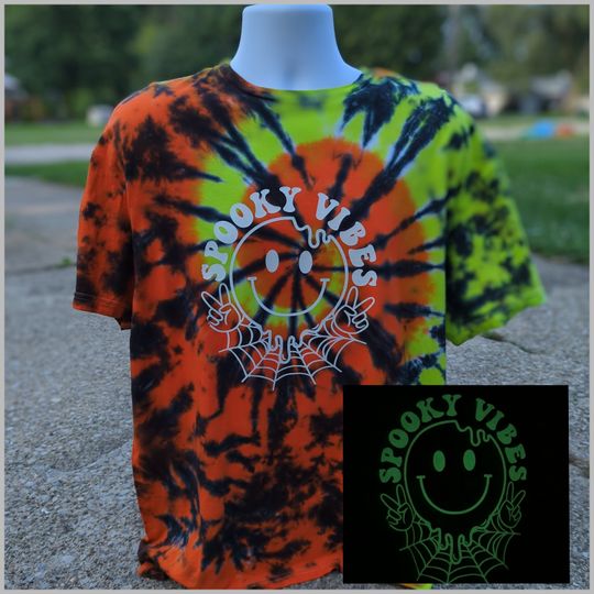 Discover Spooky Vibes Glow in the Dark Tie Dye Shirt Adult Crewneck V-Neck Small Medium Large XL 2XL 3XL Handmade Tye Tshirt Crew Vneck Plus Size