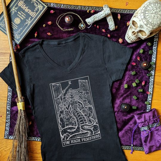 Discover The High Priestess Tarot Card Shirt Women V Neck Medusa Greek Mythology Goth Halloween Shirts Womens Vneck Gothic Horror Witch V-Neck TShirt