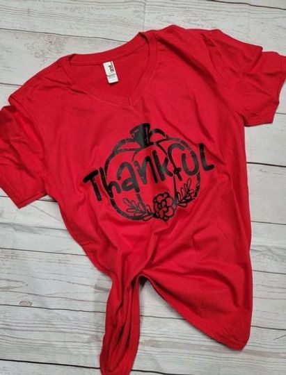 Discover V-Neck Women's Shirt -Thankful with Pumpkin - Screenprint Transfer