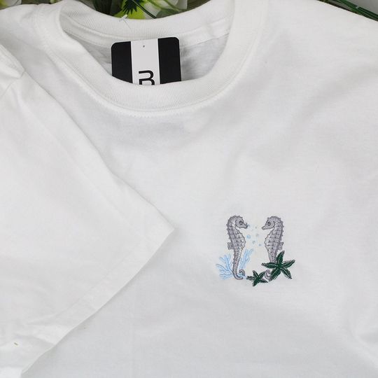 Discover Embroidered Sea Horse Cotton T-Shirt