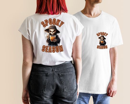 Discover Embroidered Ghost with .Front and Back Print Spooky Season Oversized Fall tee Gift for Wife. Coffee Lovers Halloween Shirt.