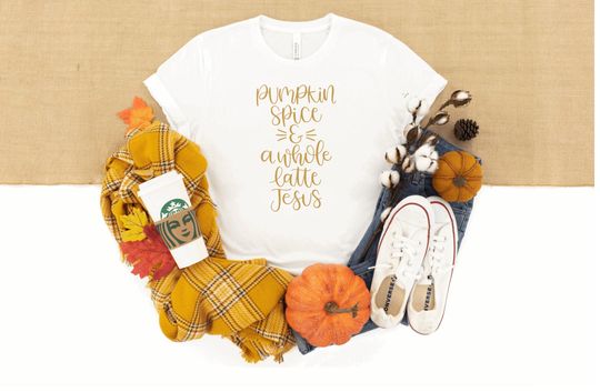 Discover Pumpkin Spice and a whole latte Jesus women's fall t-shirt, Christian Fall Shirt, Pumpkin Spice Lover Shirt, Halloween 2020 Shirt, Coffee