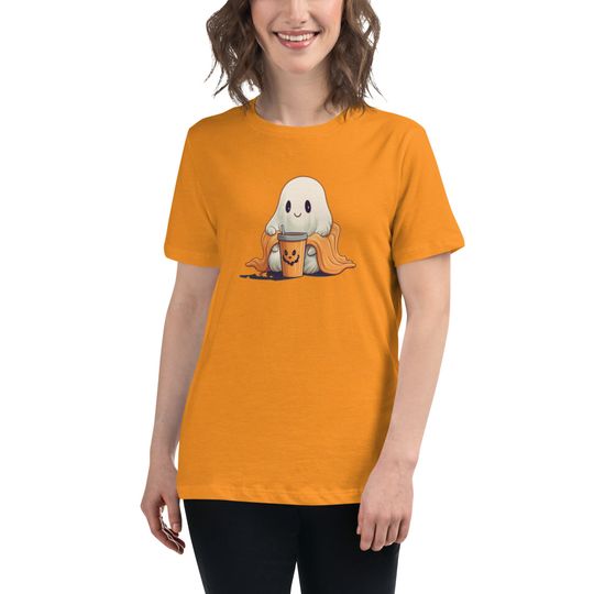 Discover Cute Ghost in Blanket Women's T-Shirt with Coffee Mug - Cozy Halloween Fashion