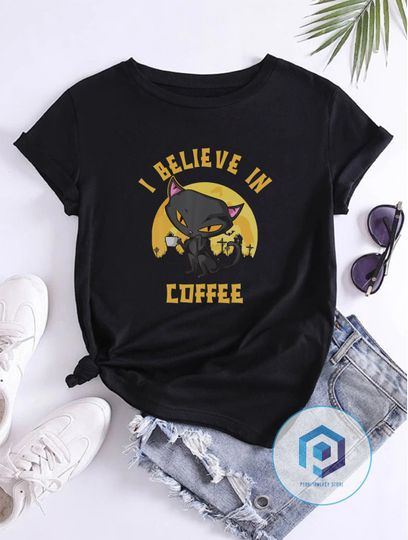 Discover I Believe In Coffee Cat For Coffee Lover T-Shirt, Halloween Sweatshirt,Halloween Sweater,Ghost Sweatshirt