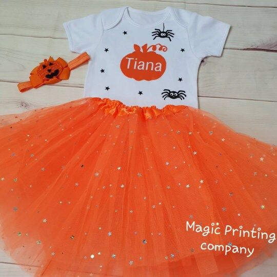 Discover Girls Pumpkin outfit tutu top T-shirt personalised Any name spider sparkle star fancy dress Halloween costume party clothes skirt