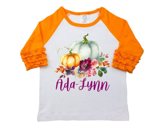 Discover Fall Floral Pumpkin Shirt Monogram Name Personalized Watercolor Floral Girl Shirt Orange Mauve Girly Pumpkin Halloween Thanksgiving
