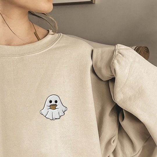 Discover EMBROIDERED Ghost Coffee Shirt, Cute Halloween Shirt, Spooky Ghost Sweatshirt, Coffee Lover Gift, Fall Sweatshirt, Halloween Sweatshirt