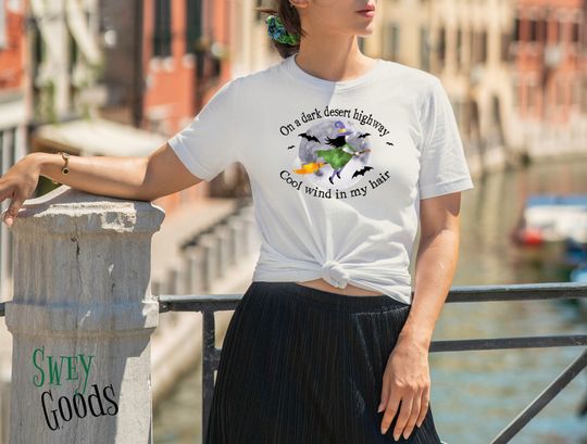 Discover Halloween Flying Witch Tee T-shirt | Dark desert highway | Cool wind in my hair | bats and full moon | 