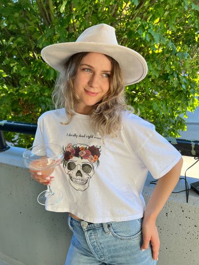 Discover Women's Crop Tee, literally dead right now, spooky, halloween, fall, fashion t-shirt, skull, flower crown, halloween t-shirt, fall t-shirt