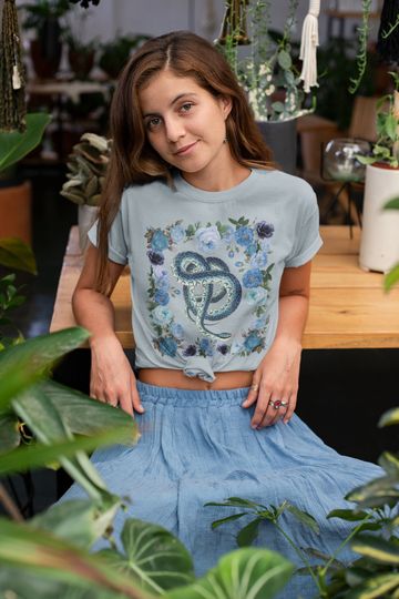 Discover Vintage Illustration Blue Snake Floral Black Tee, Womens Bella Canvas T-Shirt, Unisex Jersey Short Sleeve Tee Witch Shirt