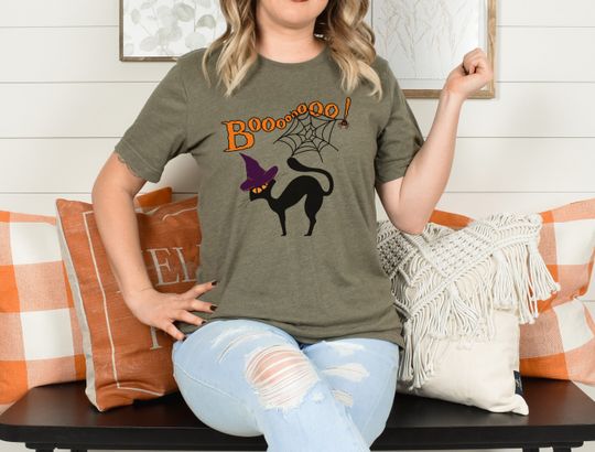 Discover Boo Spooky Witchy Black Cat Halloween Tee - Cute Cat Lover Shirt