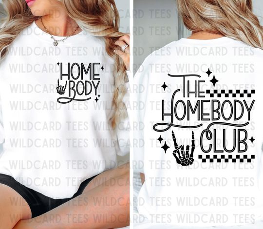 Discover The Homebody Club T-Shirt, Front Back Design TShirt, Cute Homebody T-Shirt, Checkered Background Cute TShirt, Skeleton Rocker Front Pocket