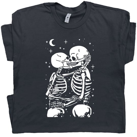 Discover Skeleton Kissing T Shirt Love Never Dies Skull and Bones Cool Graphic Tee Till Death Do Us Part Gothic Romantic Shirt For Women Men Ladies