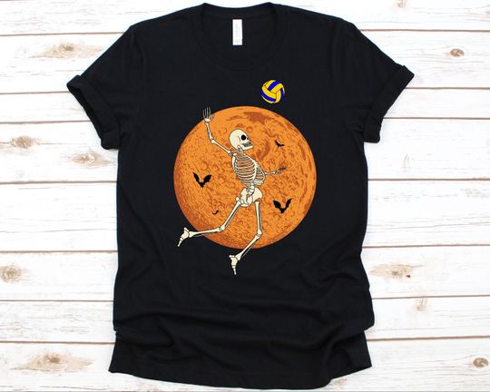 Discover Skeleton Playing Volleyball Shirt, Halloween Volleyball Design, Trick Or Treat, Halloween Graphic, Volleyball, Skeleton, Moon Shirt, Bats