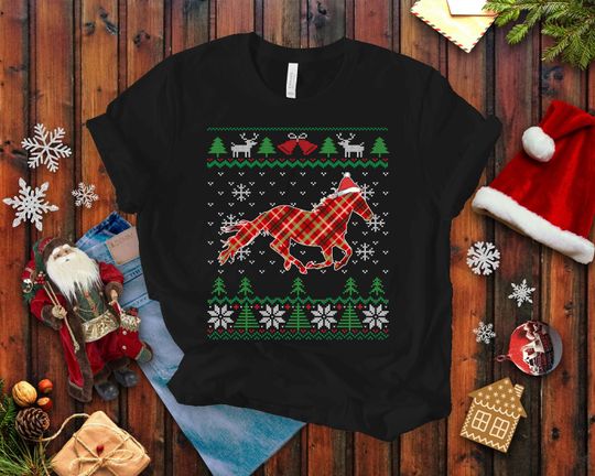 Discover Plaid Horse Riding Ugly Christmas T-shirt, Equestrian Holiday Shirt, Horse Lover Unisex Tee MM18