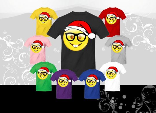 Discover Nerd Face Emoji wearing Santa hat T-shirt (U+1F913), Christmas Emoji Tee