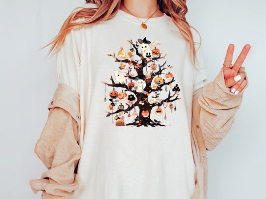 Discover Halloween Tree T-Shirt, Haunted Harvest Whimsical Ghost Pumpkins Ghouls Holiday Party Crewneck Tees, Oversized Sleep Shirts, Bella & Canvas