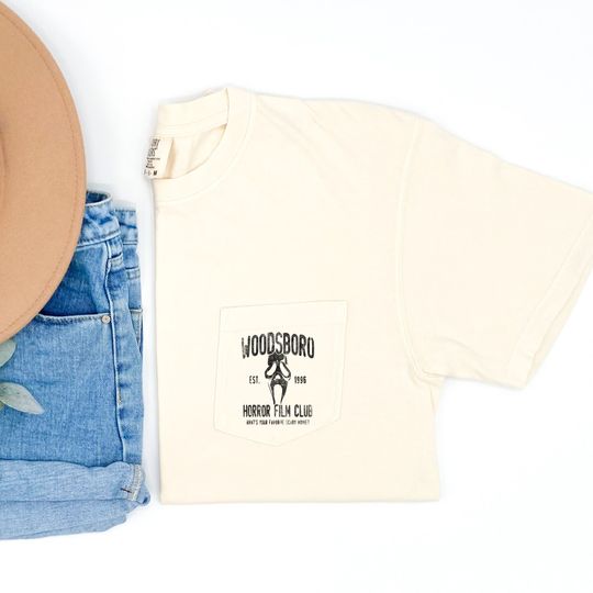 Discover Woodsboro Horror Film Club Pocket Tee , Funny, Halloween, Spooky, Garment Dyed, Boho, Oversized, Vintage Tshirt