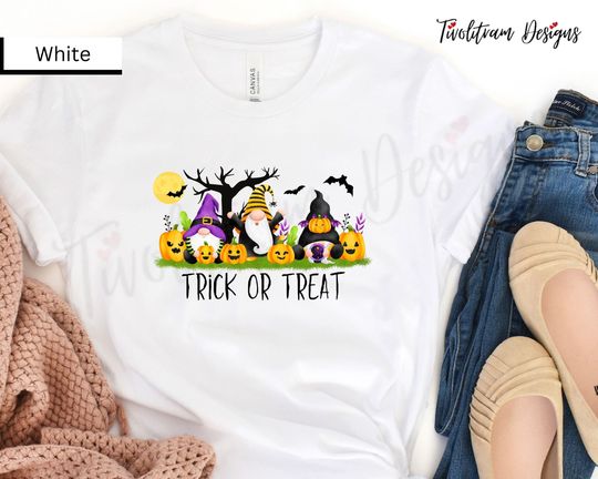 Discover Three Halloween Gnomes With Pumpkins And Black Cat Saying Trick Or Treat On Jersey Short Sleeve V-Neck Tshirt And Also On Unisex Crew Neck
